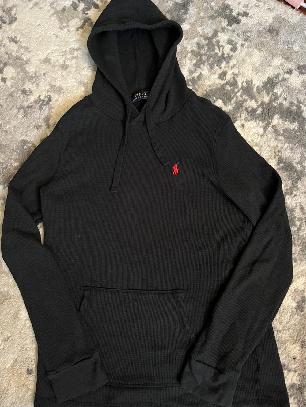 Polo by Ralph Lauren Black Waffle-Knit Hooded Pullover with Red Pony